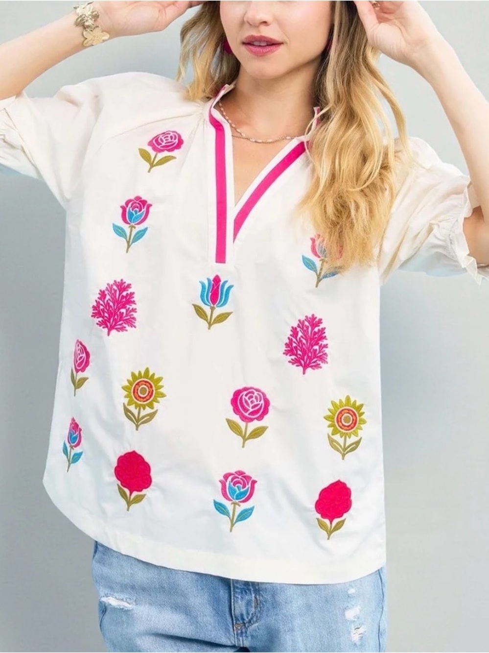 Umgee Cream Tunic with Pink & Blue Floral Embroidery